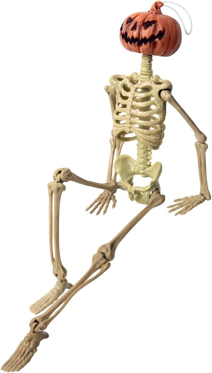 16in Halloween Posable Skeleton Pumpkin Full Body Skeleton Decor with Movable Joints Spooky Hanging Ghost Skeleton for Yard Garden Lawn Haunted House Graveyard Props